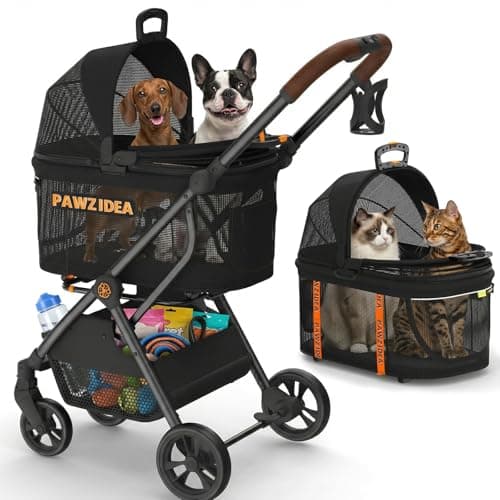 PAWZIDEA Pet Stroller 4 in 1, Foldable Cat Stroller with Detachable Carrier for Small Medium Dogs & Cats, Escape-Proof No-Zip…