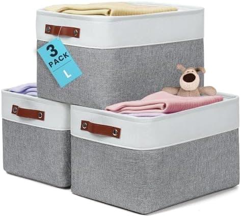 OrganiHaus 15x11in Canvas Storage Baskets 3 Pack | LARGE Fabric Bins for Shelves | Closet & Bedroom Storage |…