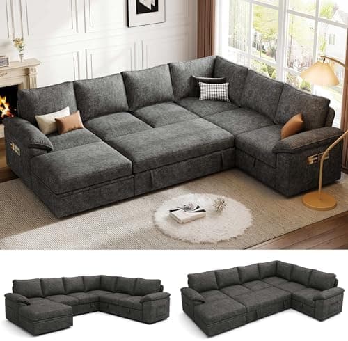 108 Inch Sectional Sleeper Sofa with Pull Out Bed, U Shaped 7 Seat Modular Sectional Sofa with Storage…