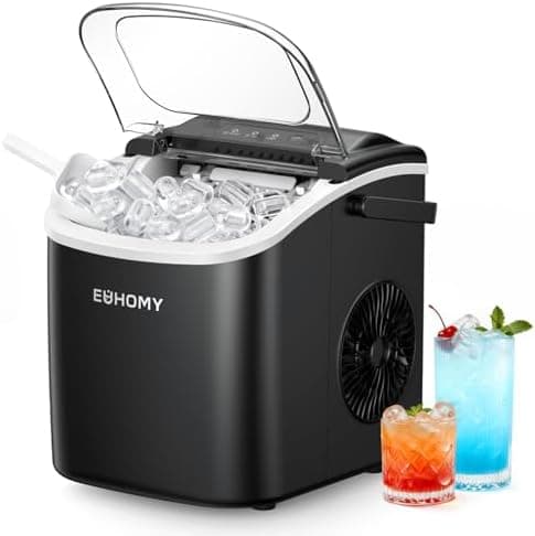 EUHOMY Countertop Ice Maker Machine with Handle, 26lbs in 24Hrs, 9 Ice Cubes Ready in 6 Mins, Auto-Cleaning Portable Ice Maker…