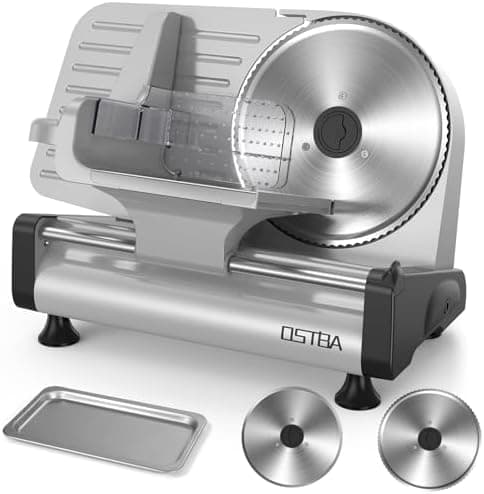 OSTBA Electric Meat Slicer with 200W DC Motor, 2 Removable 8.7” Stainless Steel Blades, Adjustable Thickness…