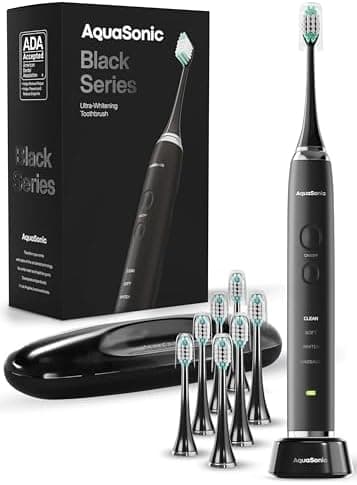Aquasonic Black Series Ultra Whitening Toothbrush – ADA Accepted Electric Toothbrush- 8 Brush Heads & Travel Case – 40,000 VPM…
