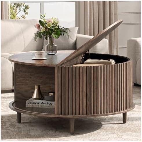 JOINICE,Round Coffee Table with Storage, 31.5" Fluted Center Table for Living Room, Modern Walnut Wood Circle…