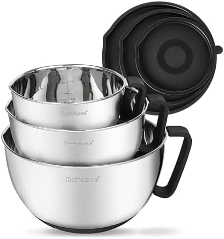 Rorence Stainless Steel Non-Slip Mixing Bowls With Pour Spout, Handle and Lid, Set of 3, Black