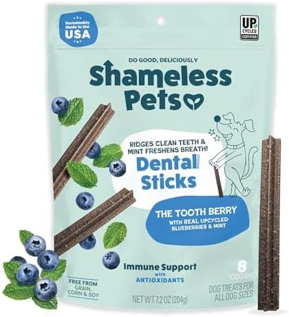 Shameless Pets Blueberry & Mint Dental Chews for Dogs, 8 Chews - Natural Dog Teeth Cleaning Treats with Fresh Breath Benefits |…